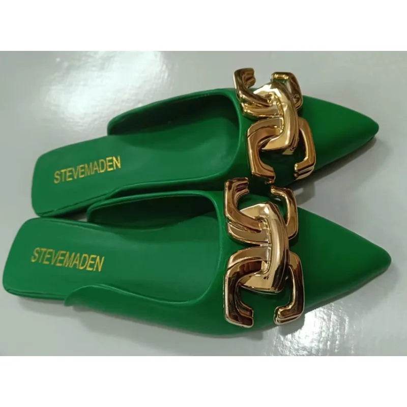 2024 New Summer Women Sandals Shoes Fashion Metal Chain Flats Pointed Toe Women's Slippers Ladies Casual Shoes Outside Slides - Imbasat