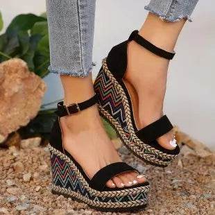 2024 Summer New European and American Fashion Simple Ethnic Style Slope Heel Sandals with One Button High Heel Women's Shoes - Imbasat