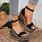 2024 Summer New European and American Fashion Simple Ethnic Style Slope Heel Sandals with One Button High Heel Women's Shoes - Imbasat