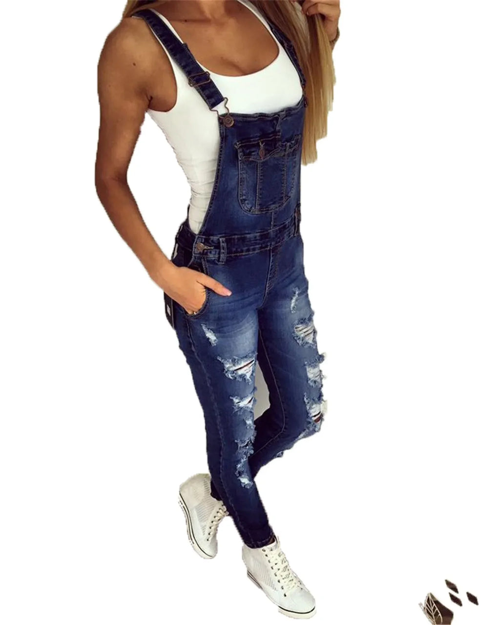 Denim Overalls Jeans Ankle Length Pencil Pants Pockets Holes Solid High Waist