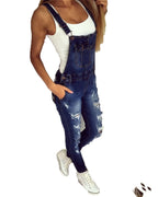 Denim Overalls Jeans Ankle Length Pencil Pants Pockets Holes Solid High Waist