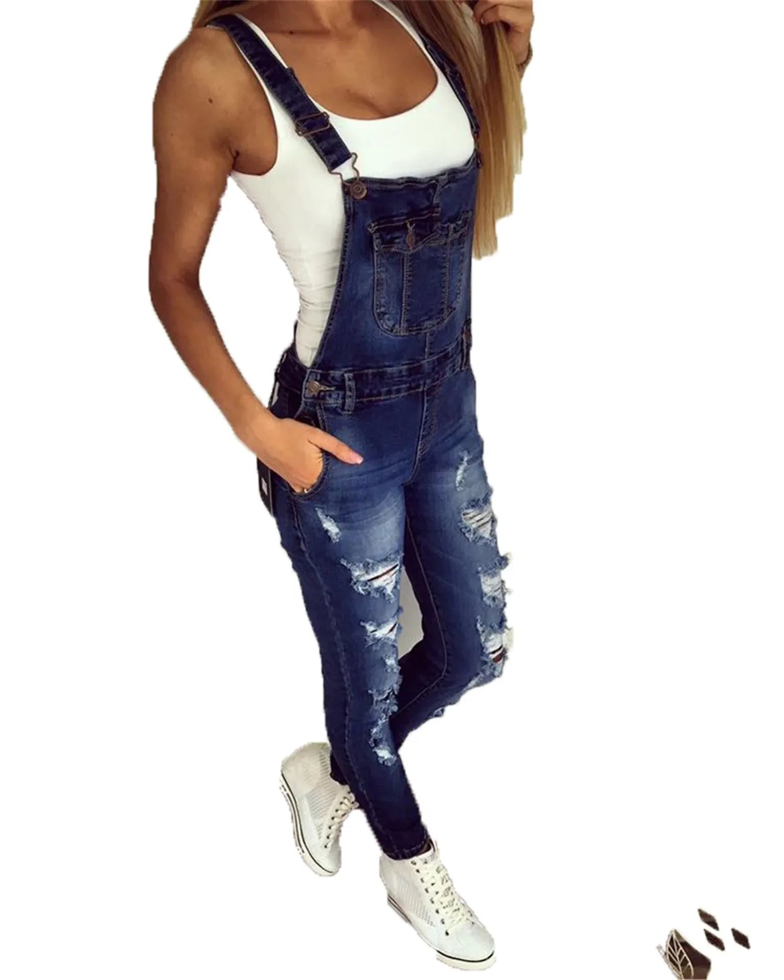 Denim Overalls Jeans Ankle Length Pencil Pants Pockets Holes Solid High Waist