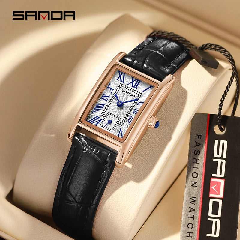 SANDA New Fashion Elegant Design Rectangle Dial Water Resistant Leather Quartz Movement Business Gift  Women Analog Wrist Watch