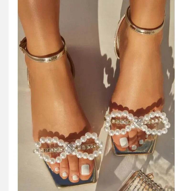 2023 Summer Women's Sandals with Bow Pearl Flat Heels Elegant Rhinestone Party Ladies Shoes Plus Size 42 Sandalias Mujer - Imbasat