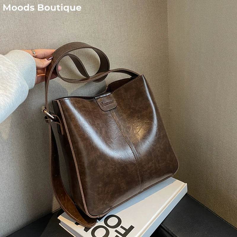 MOODS Retro Shoulder Tote Bag Set For Women Wide Strap Soft PU Leather Crossbody Bags With Small Purse Large Capacity Shoppers - Imbasat
