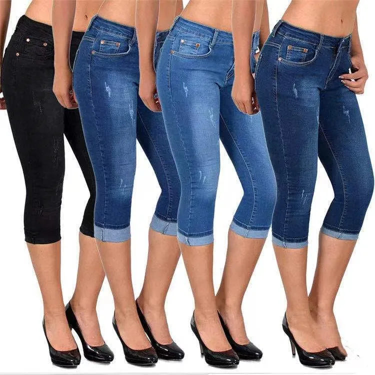 Summer Skinny Denim Pants Jeans Mid Waist Stretch Capri Pants Knee Length Trouser