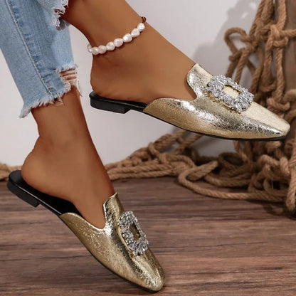 Women's Slippers 2024 Spring Autumn New Mules Slippers Luxurious Rhinestone Design Ladies Flat Slippers Pantuflas De Mujer