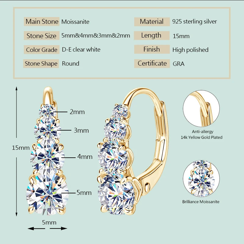 Anziw Luxury 1.86CTW 5mm Moissanite Drop Hoop Earrings Real 925 Silver