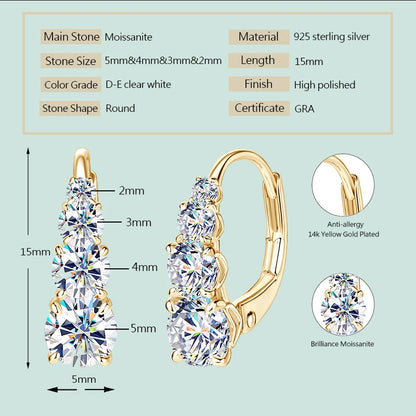 Anziw Luxury 1.86CTW 5mm Moissanite Drop Hoop Earrings for Women Real 925 Silver 4-stone Clip Earring Wedding Party Jewelry Gift