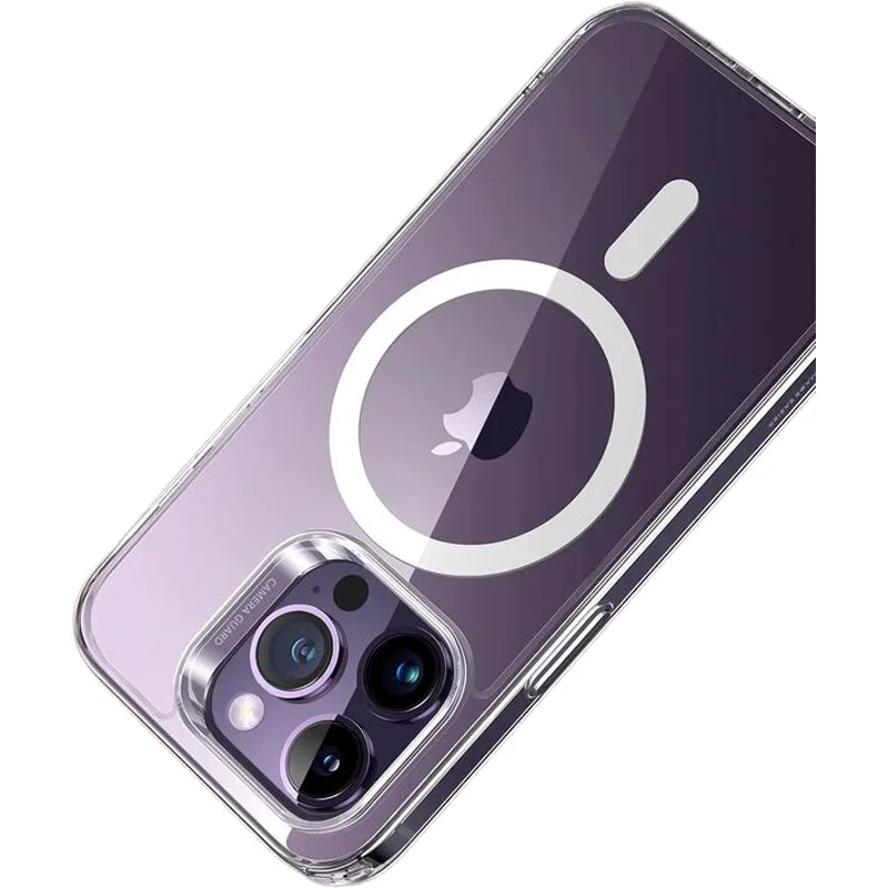A clear, yellowing-resistant magnetic phone case for iPhone 14 Pro, showcasing the phone's camera and MagSafe features.