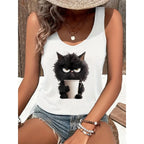 Cat Women Summer White Print T-shirt Girl Casual O Neck