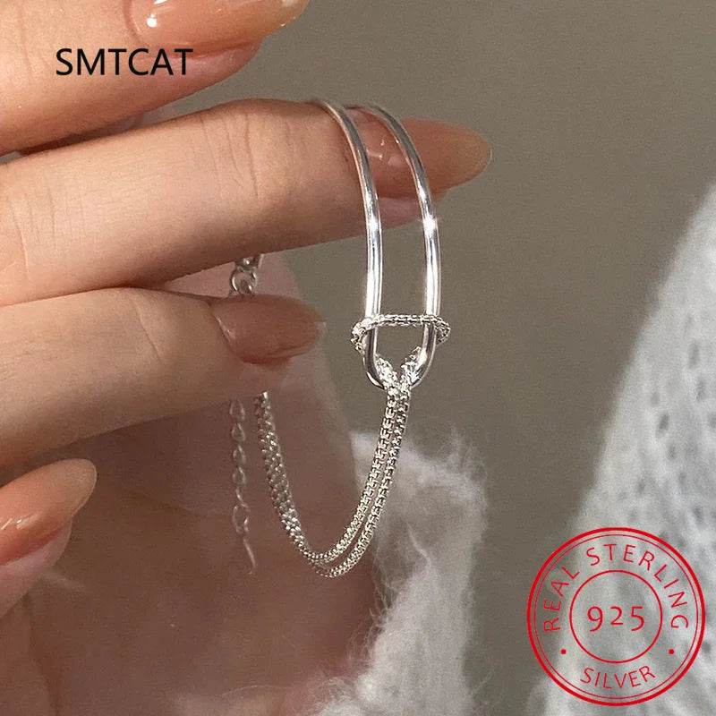 Real 925 Sterling Silver Asymmetric Double Layer Chain Bracelet for Women Hiphop Fine Jewelry Minimalist Accessories - Imbasat