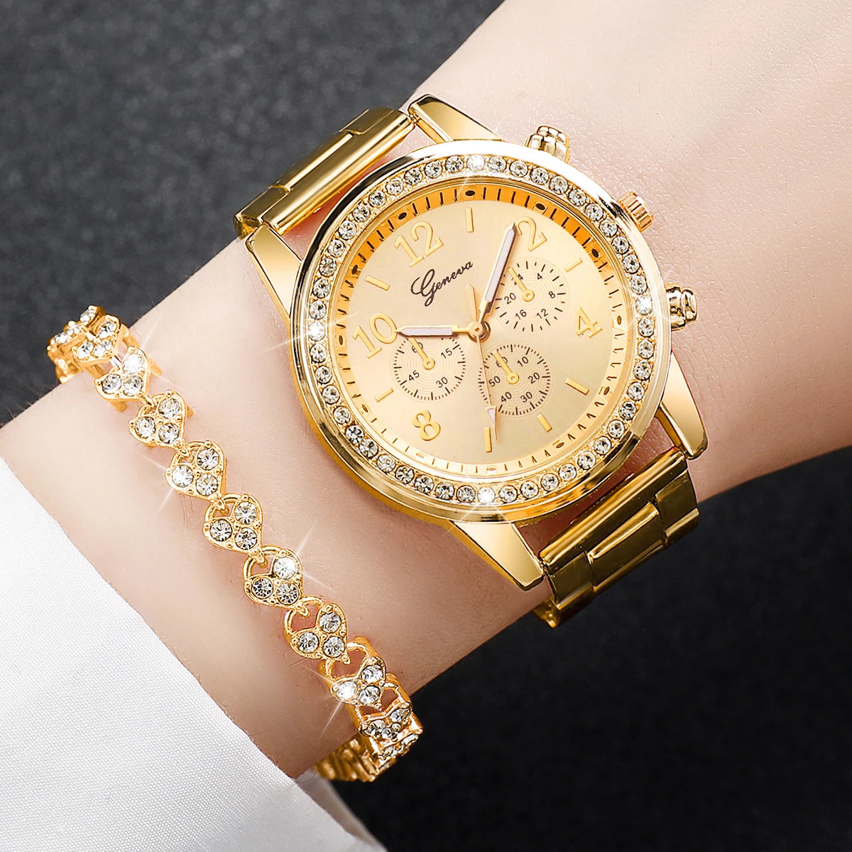 Gold Color Quartz Watch & Diamond Bracelet