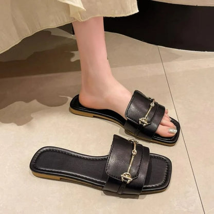 New Women's Buckle Decor Flat Slide Sandals Fashion Square Open Toe Summer Shoes Casual Outdoor Beach Slides Zapatos Mujer