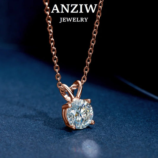 Anziw Rose Gold Plated Moissanite Pendant Necklace 6.5mm(1.0ct ) Sparking D Color Diamond Real 925 Silver Jewelry for Women Gift