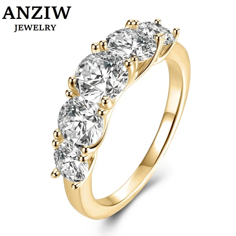 Anziw 5 Stone Rings 3.6cctw D Color Moissanite Bands Sliver 925