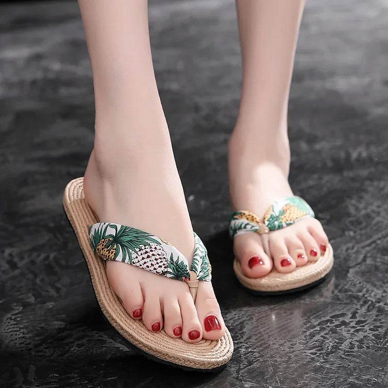 Ladies Summer Fashion Weave Women Beach Flip-Flops Non-Slip Flat Ladies Outdoor Soft Slippers Women's Simple Flip-Flop - Imbasat