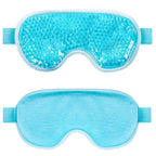 A cooling eye mask with blue gel beads and a plush blue fabric cover, displayed front and back.