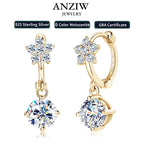 Anziw 18k Gold Plated 925 Silver Flower 6.5MM 1CT Moissanite Drop Hoop Earrings
