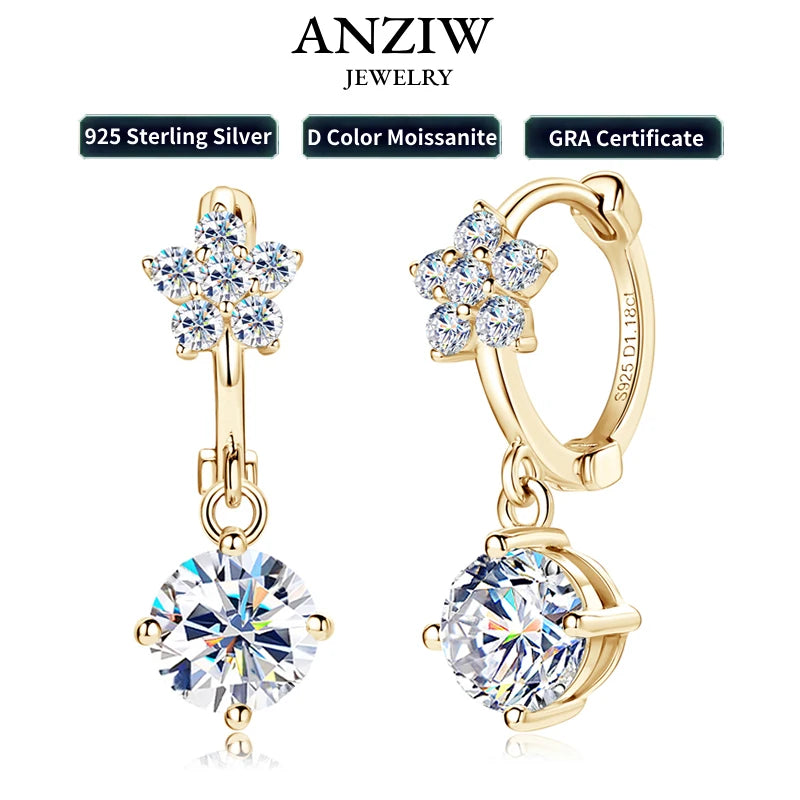 Anziw 18k Gold Plated 925 Silver Flower 6.5MM 1CT Moissanite Drop Hoop Earrings