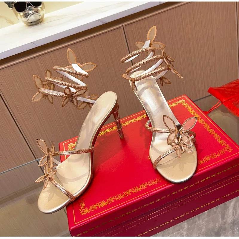 Luxury Crystal Embellished Butterfly Detail Women Sandals Sexy Coiled Strap High heels Gladiator Sandals Summer Party prom Shoes - Imbasat