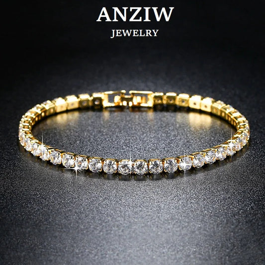 Anziw 3mm D Color VVS1 Moissanite Bracelet Original Certified 925 Silver Tennis Bracelets 18k Gold Plated for Women Man Jewelry