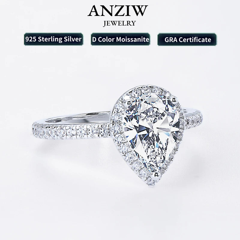 Anziw 925 Sterling Sliver Ring 2.0 Carat Pear Cut Moissanite Ring