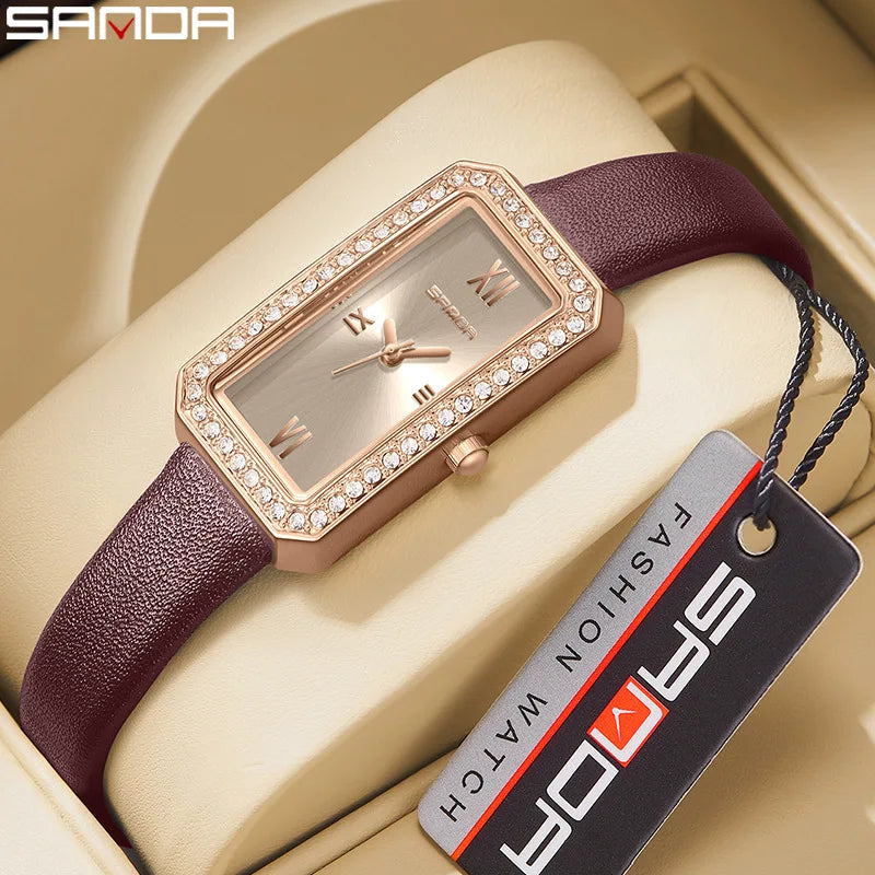 Sanda 1122 Trendy Design 2023 Hot Sale Rectangle Dial Waterproof Quartz Movement Business Women Analog Wrist Watch