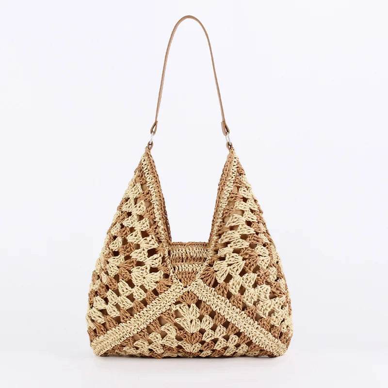 Women Straw Tote Bag Large Capacity Vintage Vacation Shoulder Bag Everything Casual Handbag Designer Hollow Summer Beach Bag - Imbasat