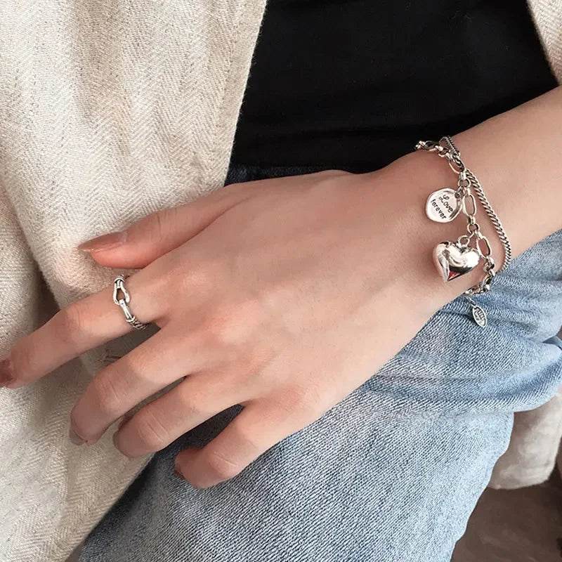 Elegant 925 Sterling Silver Love Letter Heart Double Layer Bracelet Female Unique Design Thai Silver Retro Light Luxury Jewelry - Imbasat