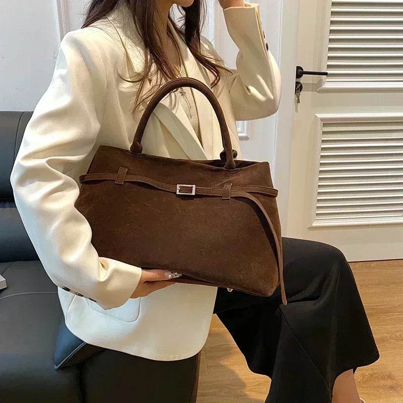 Buckle Decorative Design Solid Faux Suede Handbag Large Capacity Hasp Casual Tote 2024 Hot Sale Bags for Women Bolsas Femininas - Imbasat