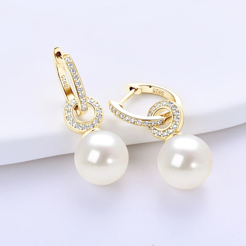 Anziw Real 925 Sterling Silver Hoop Earrings 9-10mm White Shell Pearl