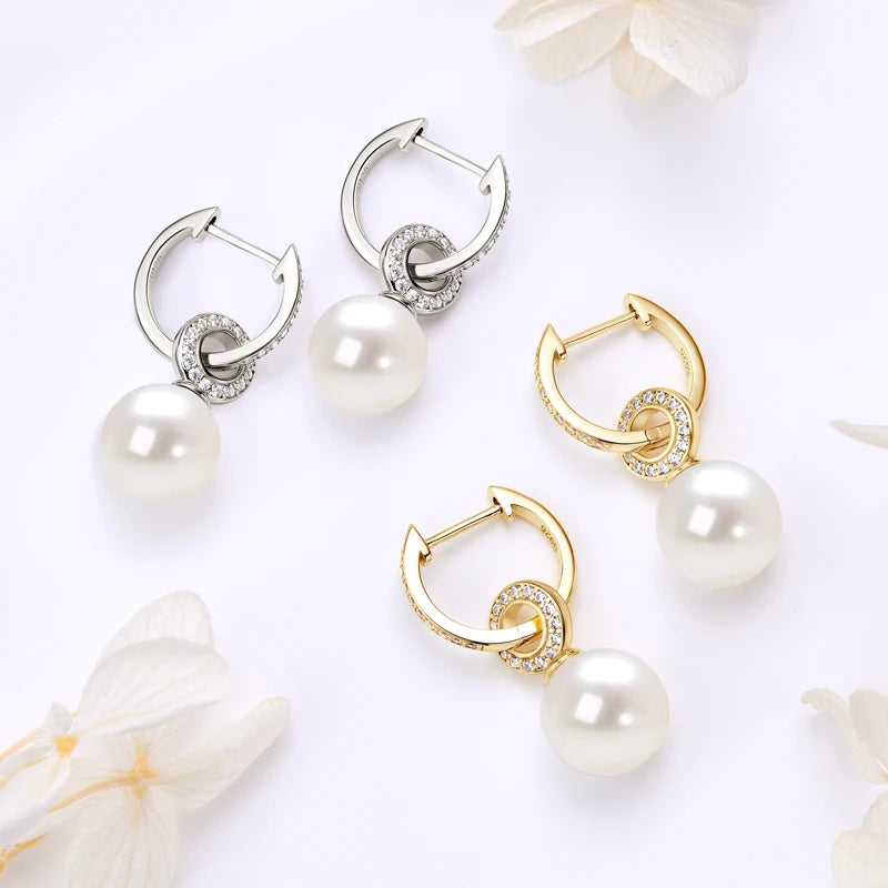 Anziw Real 925 Sterling Silver Hoop Earrings 9-10mm White Shell Pearl