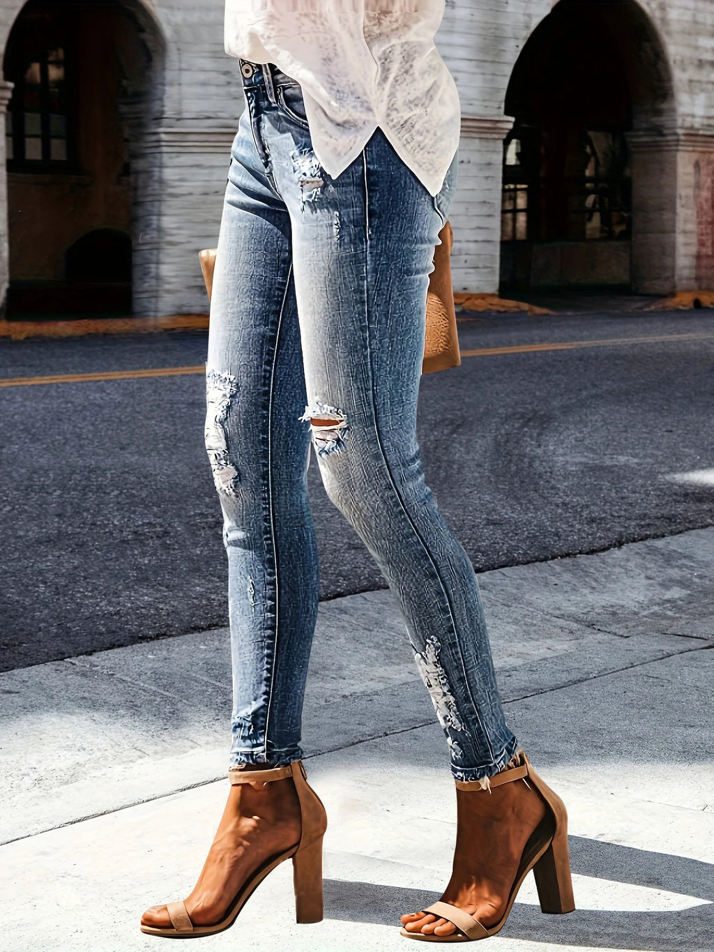 High waist hip stretch slim fit all-matching nine-point jeans