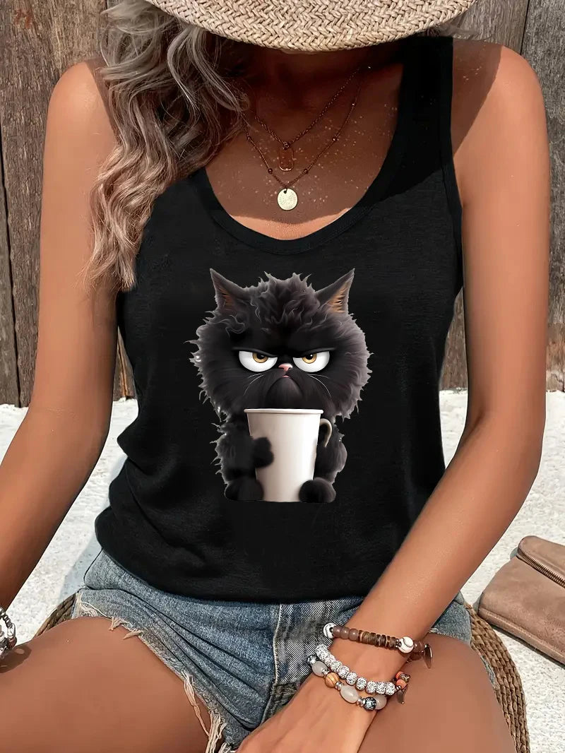 Cat Women Summer White Print T-shirt Girl Casual O Neck