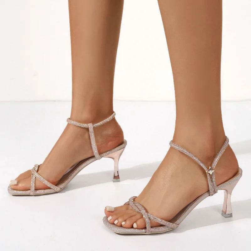 Women Square Sandals 2023 New Style Fashion Summer Thick Heel Net Red Middle Heel Fairy Feng Shui Diamond Women's Shoes - Imbasat