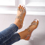 Women;s Sandals Pvc Crystal Flower Shoes for Women Decoration Chunky Heel Sandals Ladies Back Strap Fashion Shoes Female2024 - Imbasat