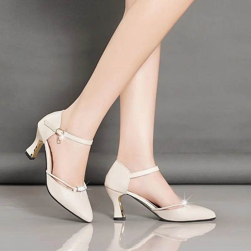 2022 Baotou Comfortable Sandals Summer One Word Buckle Thick Heels High Heels All-match Soft Leather High-heeled Shoes - Imbasat