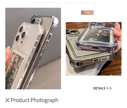 Transparent Card Slot Bag Holder Case For iPhone 16 15 14 13 12 11 Pro Max Mini X XR 7 8 Plus Clear Wallet Shockproof Soft Cover