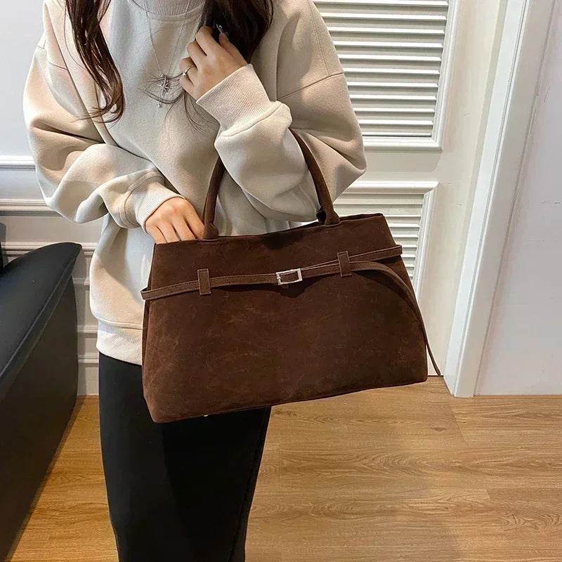 Buckle Decorative Design Solid Faux Suede Handbag Large Capacity Hasp Casual Tote 2024 Hot Sale Bags for Women Bolsas Femininas - Imbasat