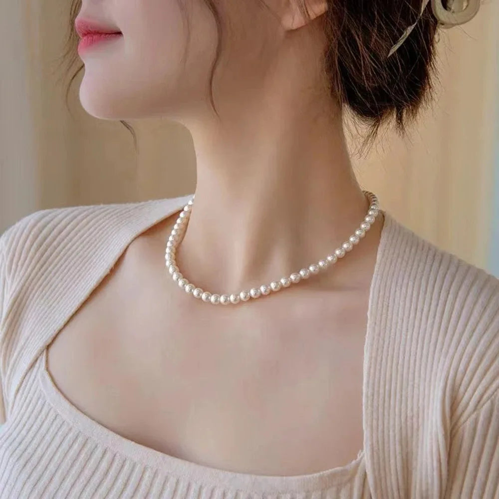 White Pearl Chain Choker Necklace
