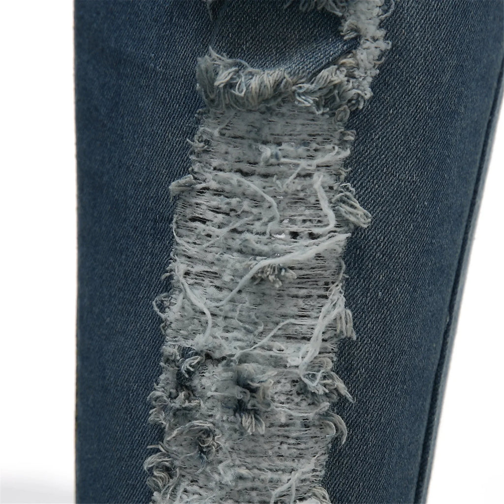 Denim Overalls Jeans Ankle Length Pencil Pants Pockets Holes Solid High Waist