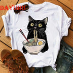 Black Cat Noodle T-Shirts Retro Casual Short sleeve