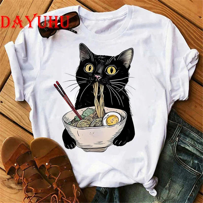 Black Cat Noodle T-Shirts Retro Casual Short sleeve