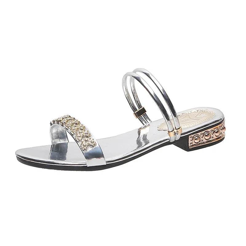 The New Sandals Women Summer Fashion Elegant Non-Slip Crystal luxury Ladies Slippers Rivet Rhinestone Low Heels - Imbasat