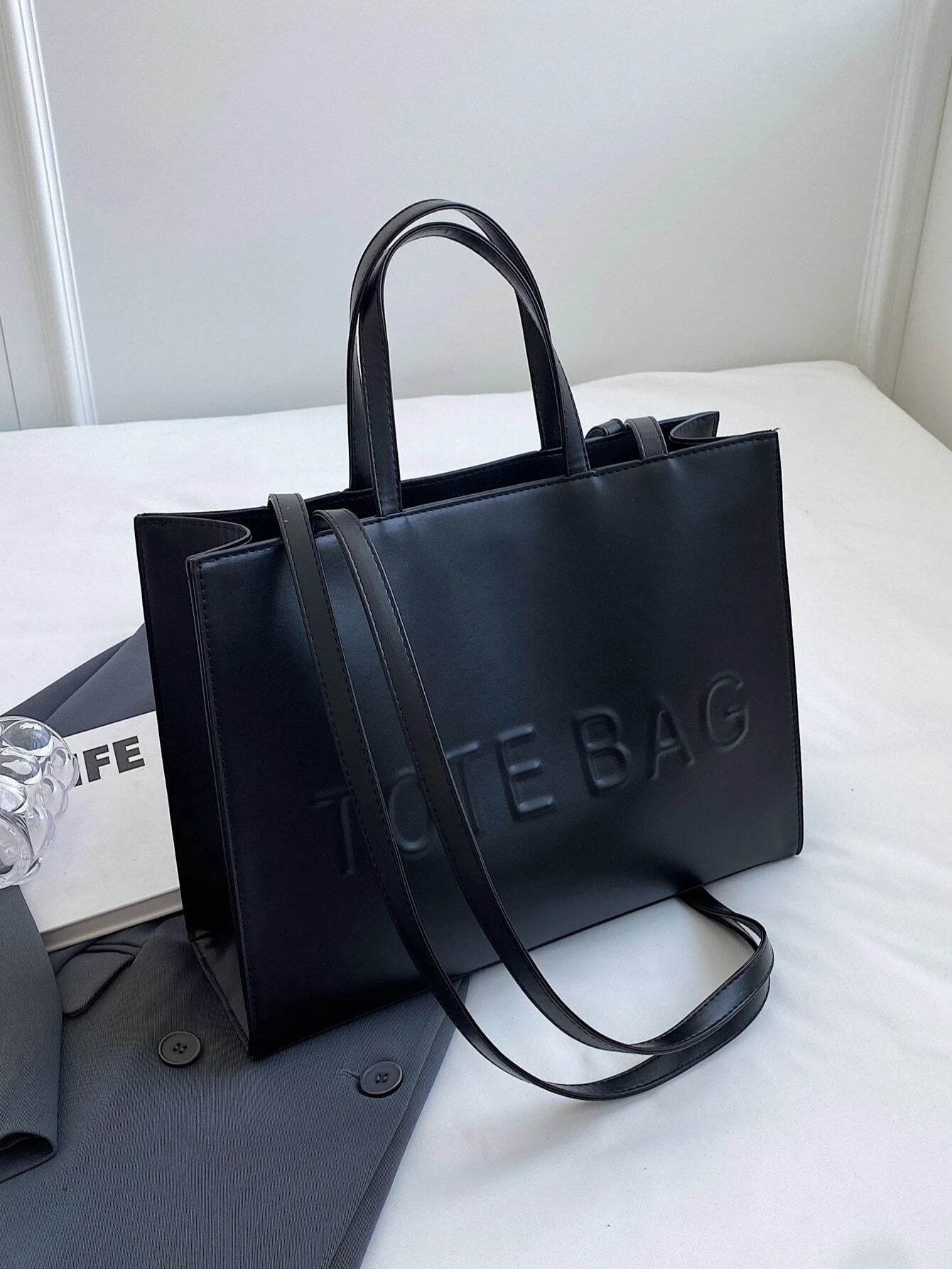 Large Capacity Fashionable Tote Bag With Letter Print Fashion Solid Color Simple Crossbody Bag Women Casual Handbag Shoulder Bag - Imbasat