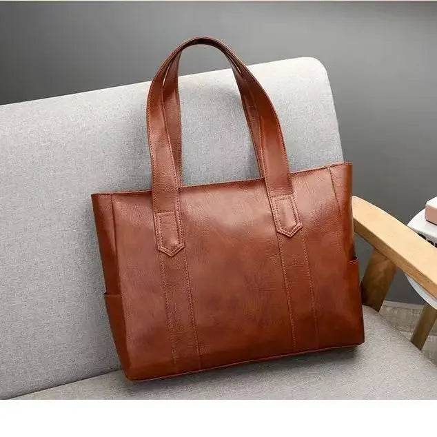 New Casual PU Leather Large Capacity Tote Bags for Women Fashion Solid Color Zipper Female Shoulder Bag Ladies Handbag - Imbasat