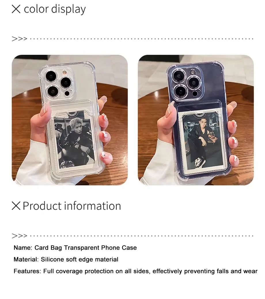 Transparent Card Slot Bag Holder Case For iPhone 16 15 14 13 12 11 Pro Max Mini X XR 7 8 Plus Clear Wallet Shockproof Soft Cover