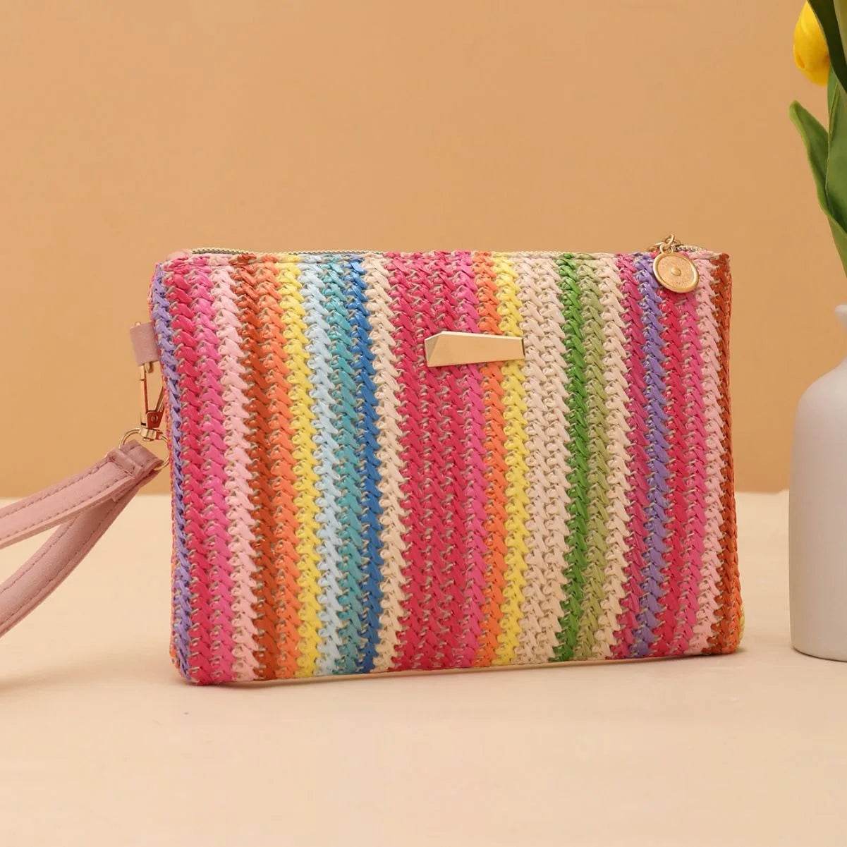 Rattan Knitting Women Straw Bags Fashion Colorful Summer Beach Clutch Bag Female Woven Wristlet Bag Wallet Money Coin Purse