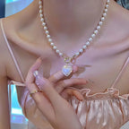 Vintage Zircon Flower Pearl Necklace